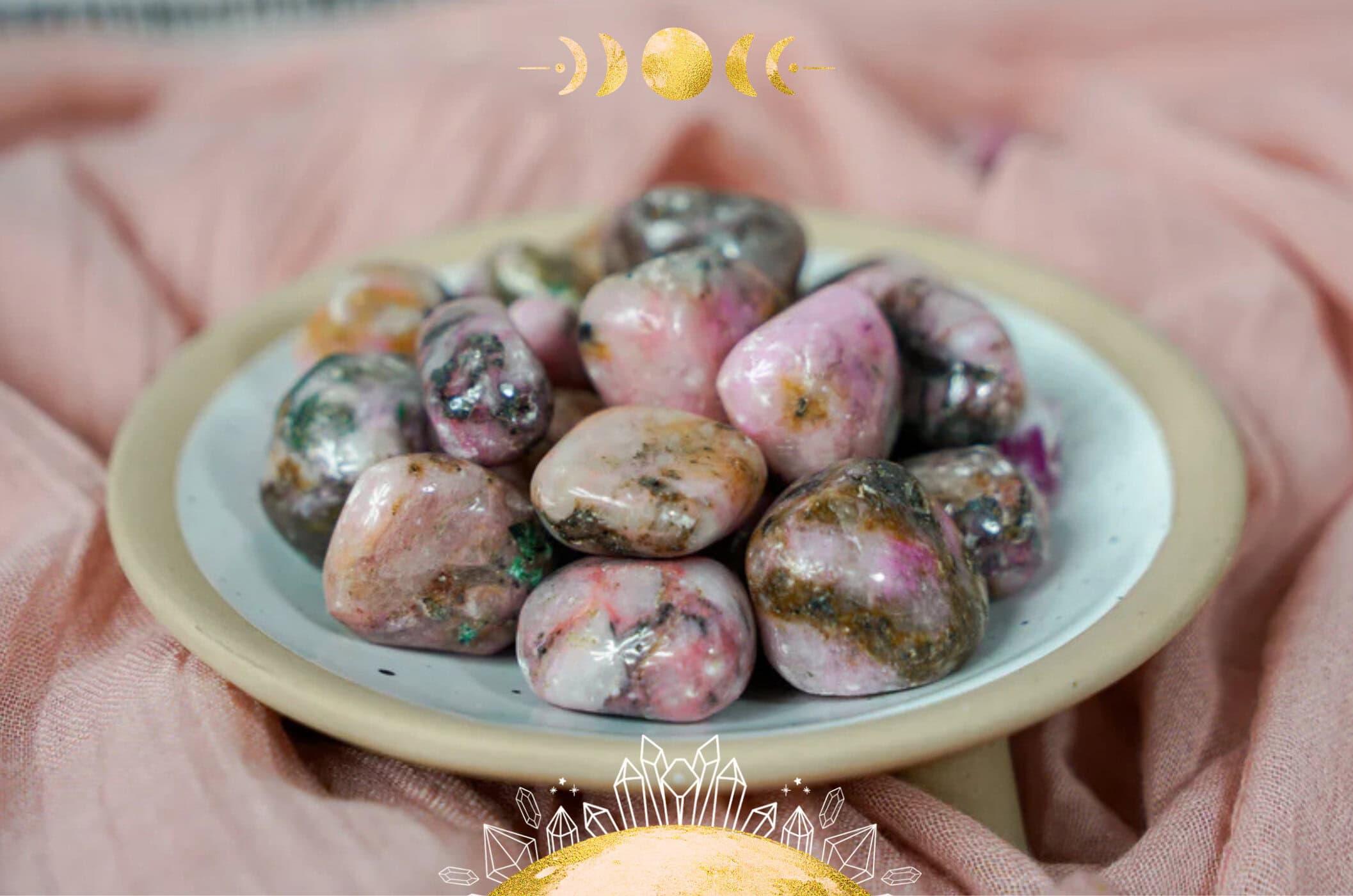 Tumbled Cobaltoan Calcite Crystals in a blue bowl on a pink cloth