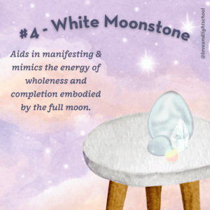 Moonstone crystals for the full moon in a bowl, surrounded by amethyst crystals. 
