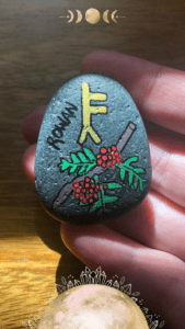 Image of a painted rock with green and red leaves