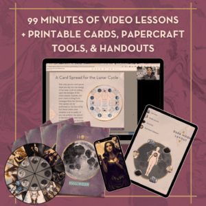 Graphic showing the Celestial Crystals Course includes 99 minutes of video lessons, printable cards, papercrafts tools and handouts.