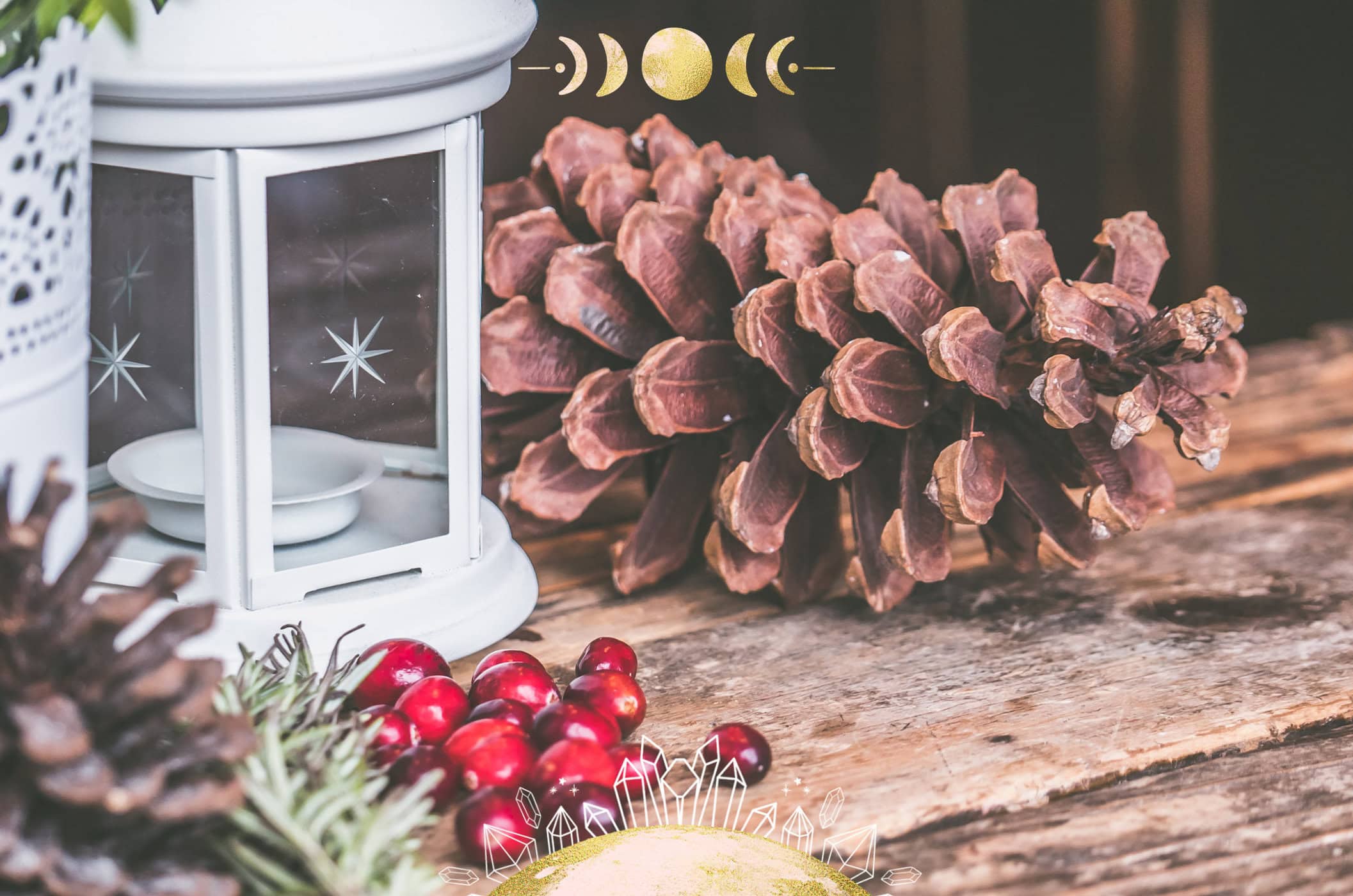 Yule Altar with Pine Cones, Pomegranate, Evergreen and a Lantern