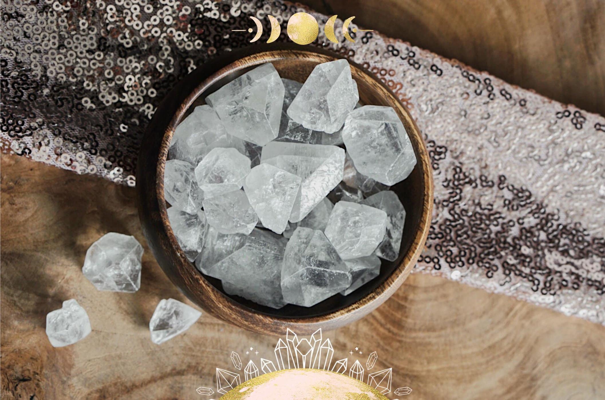 Discover the profound Healing Properties of Clear Apophyllite - Wooden bowl with Clear Apophyllite Crystals