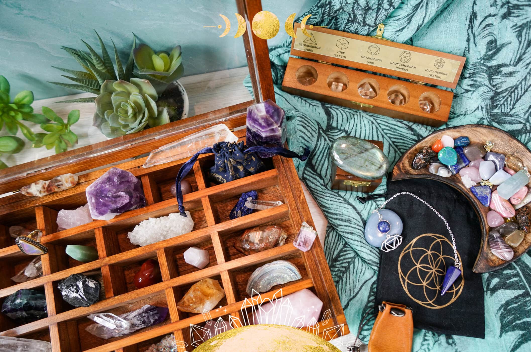 Wood crystal storage box with compartments